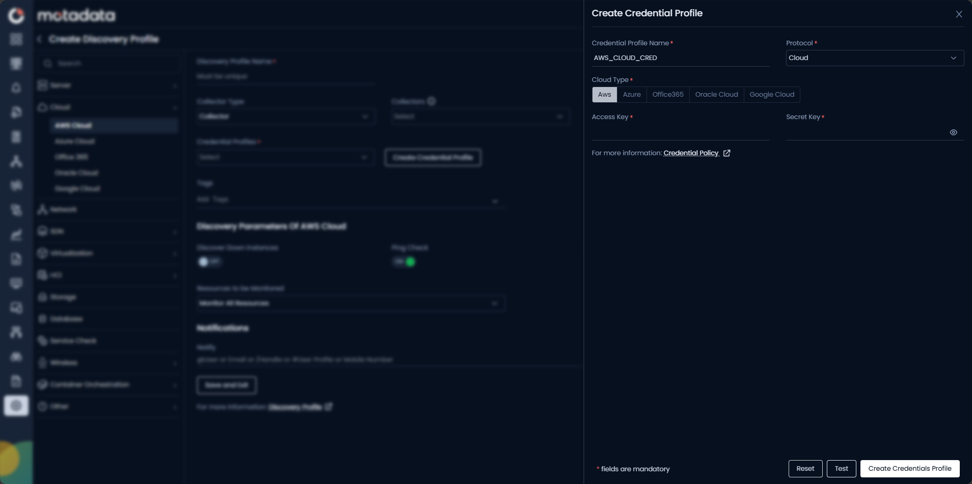 Create Credential Profile form with Cloud protocol and AWS tab selected